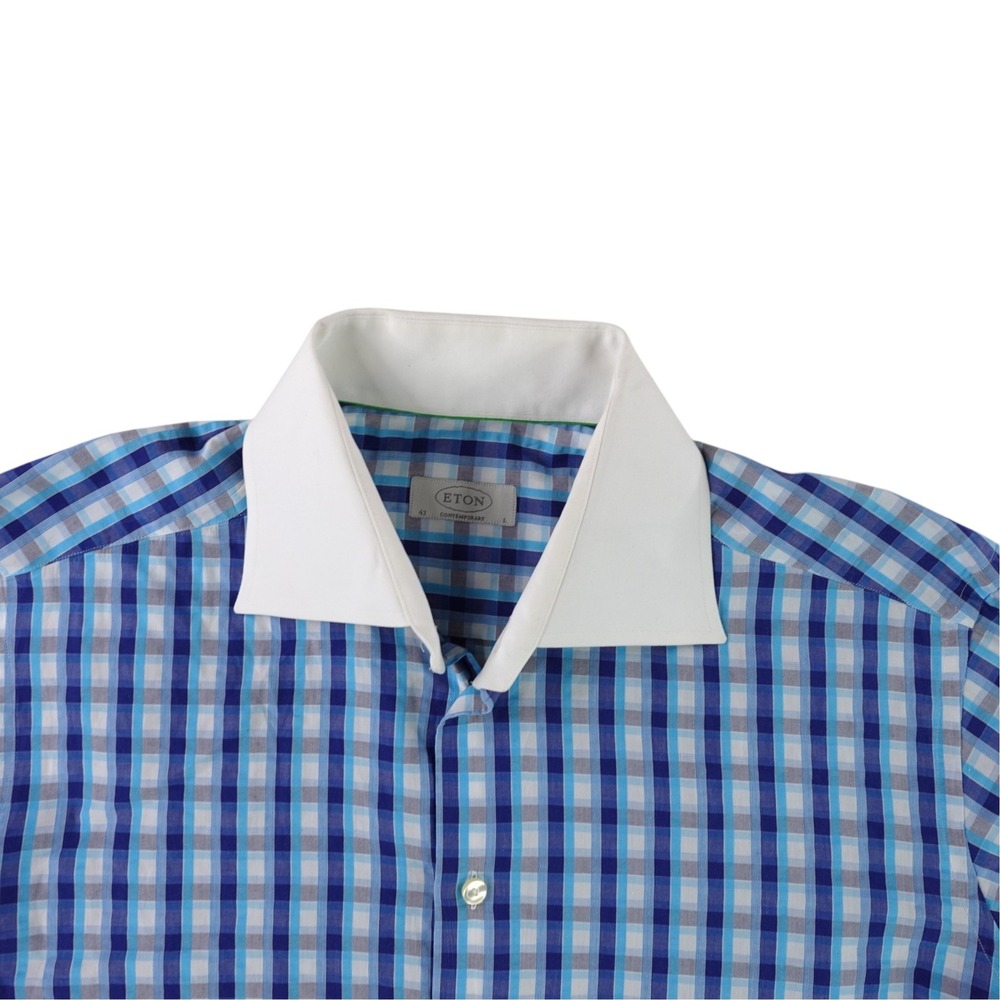 Eton Button Up Shirt Mens 16.5 Blue Gingham Check Contrast Collar Contemporary